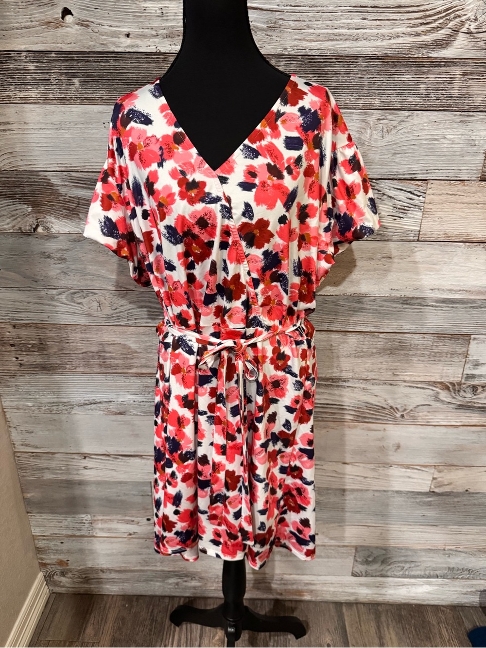 V-Neck Tie-Waist Floral Dress in White and Red